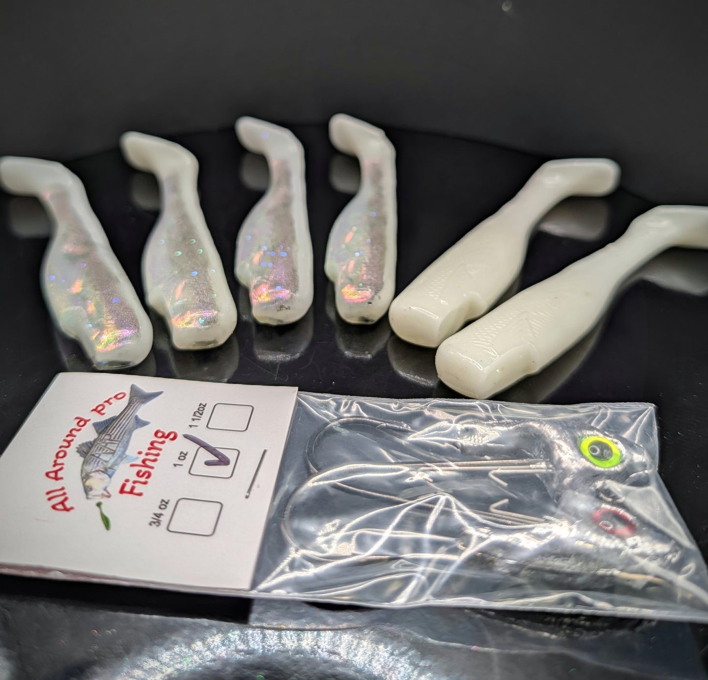 (6-Pack) 4" Jig Tailored Ghost Plug & Pearl White Combo Kit + AAP Jigheads