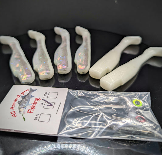 (6-Pack) 4" Jig Tailored Ghost Plug & Pearl White Combo Kit + AAP Jigheads
