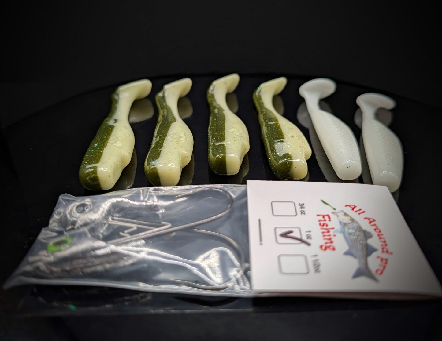 (6Pack) Jig Tailored 4" Olive Green - 3.8" Pearl White Classic Paddletail Swimbaits / 1oz AAP Jighead (2Pack) Combo